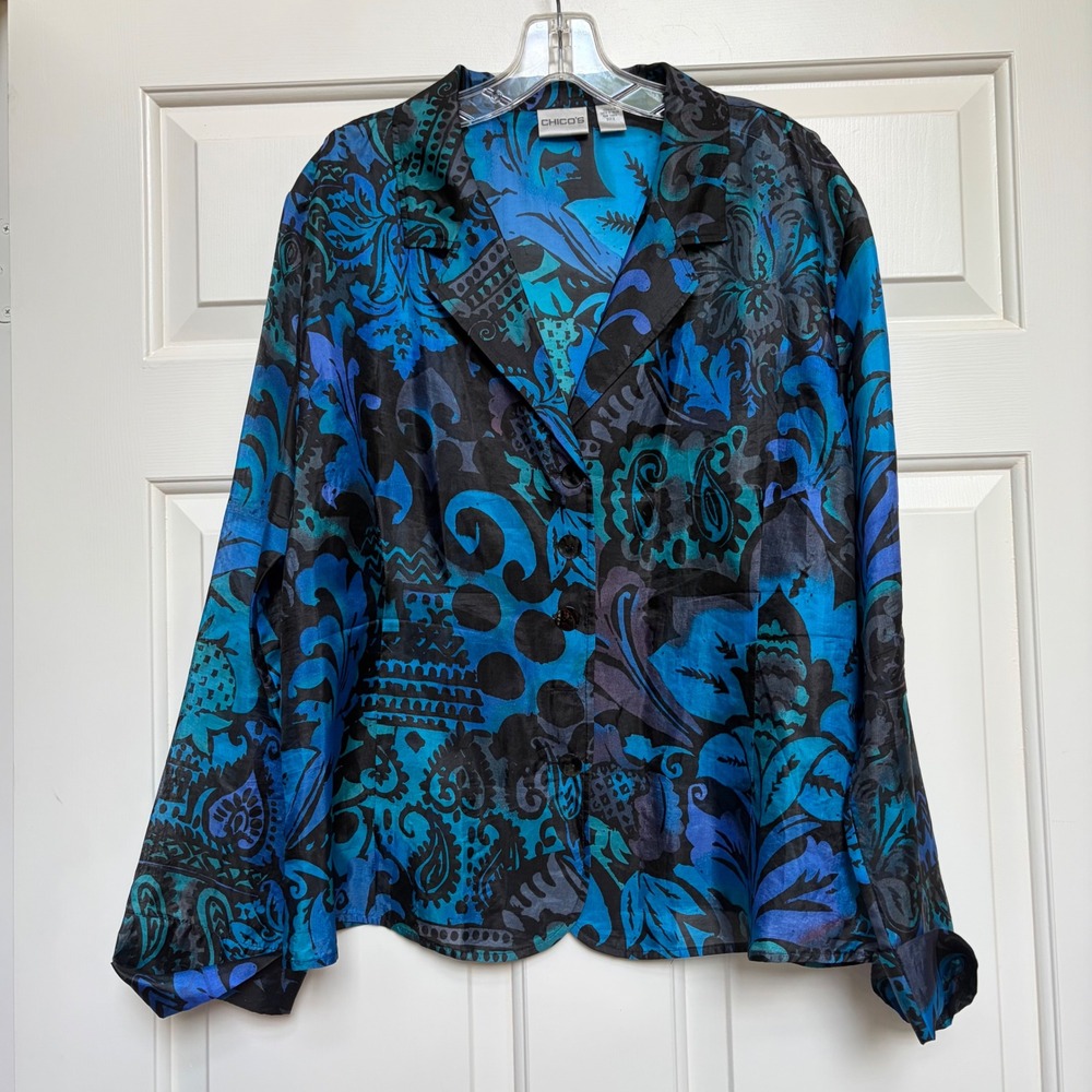 Chicos Womens Blue Black 100% Silk Abstract Paisley Button Front Blouse Size‎ 3